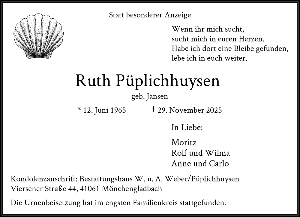  Traueranzeige für Ruth Püplichhuysen vom 20.12.2025 aus Rheinische Post