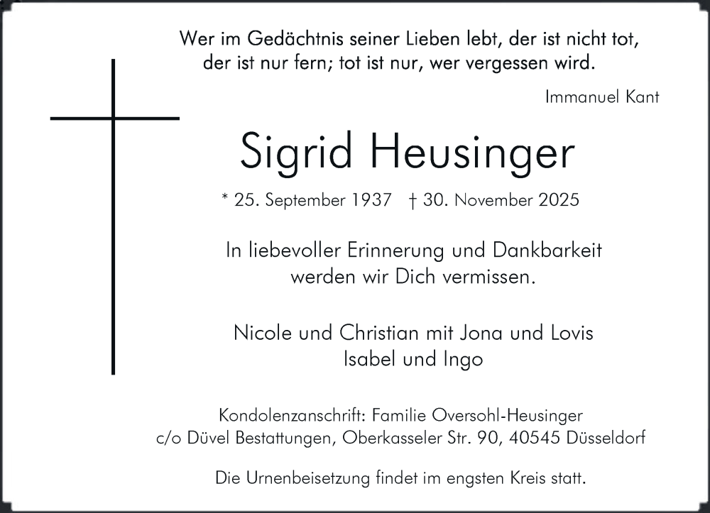  Traueranzeige für Sigrid Heusinger vom 06.12.2025 aus Rheinische Post