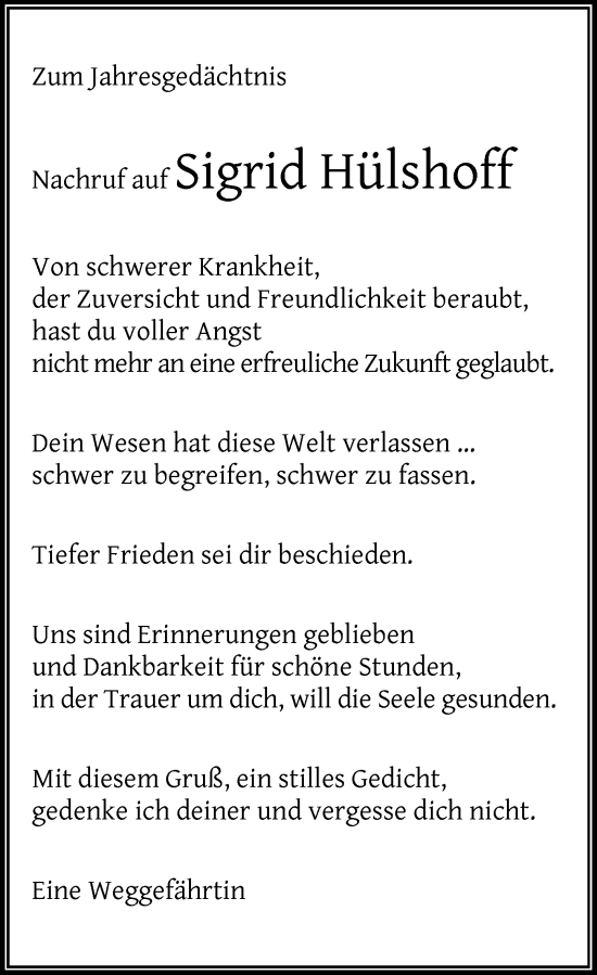 Traueranzeige von Sigrid Hülshoff von Rheinische Post