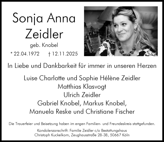 Traueranzeige von Sonja Anna Zeidler von Rheinische Post