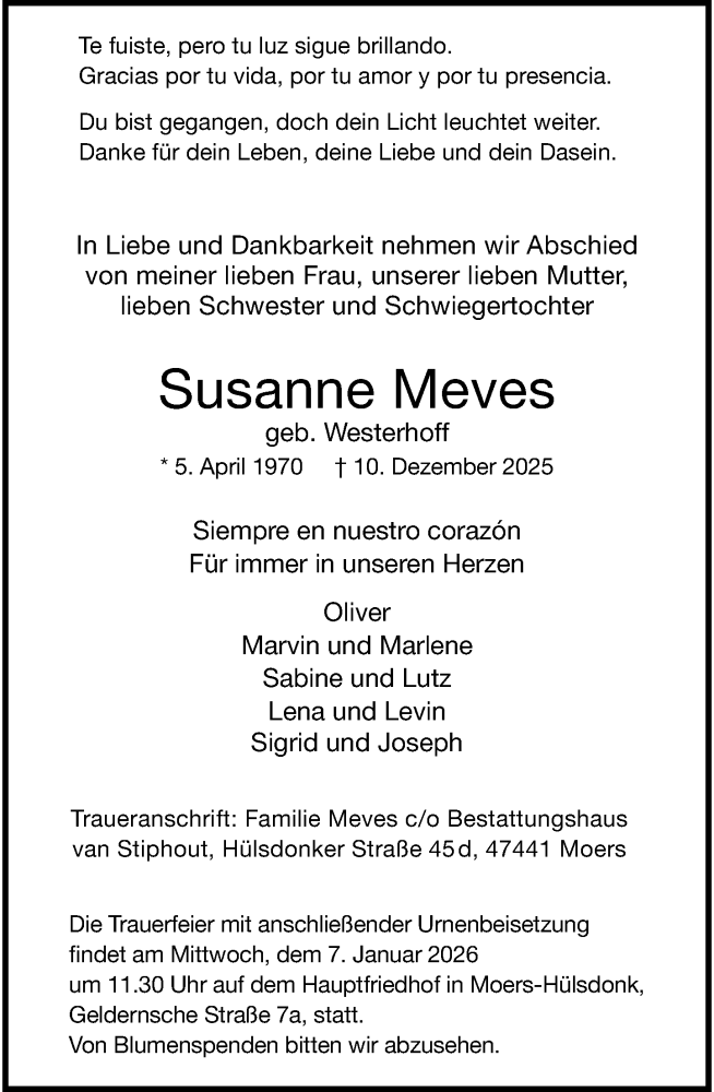  Traueranzeige für Susanne Meves vom 27.12.2025 aus Rheinische Post