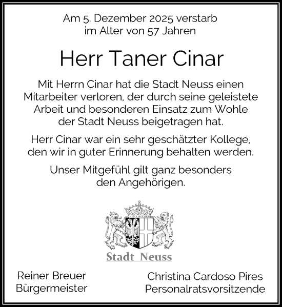Traueranzeige von Taner Cinar von Rheinische Post