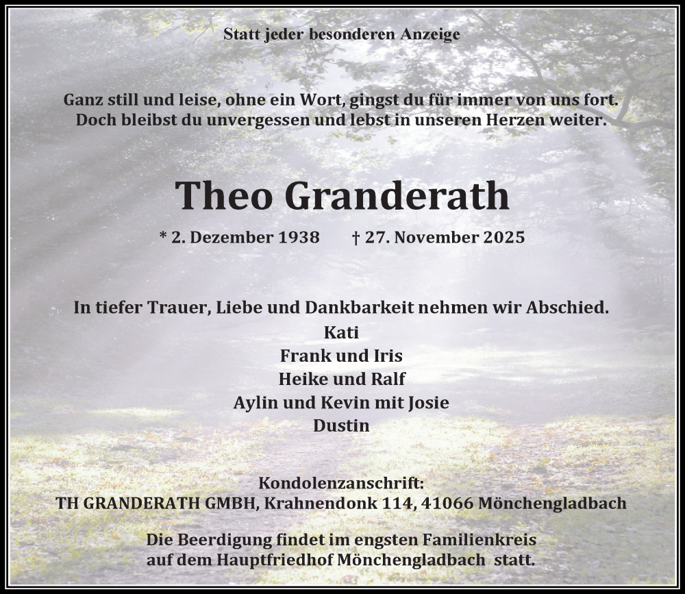  Traueranzeige für Theo Granderath vom 06.12.2025 aus Rheinische Post