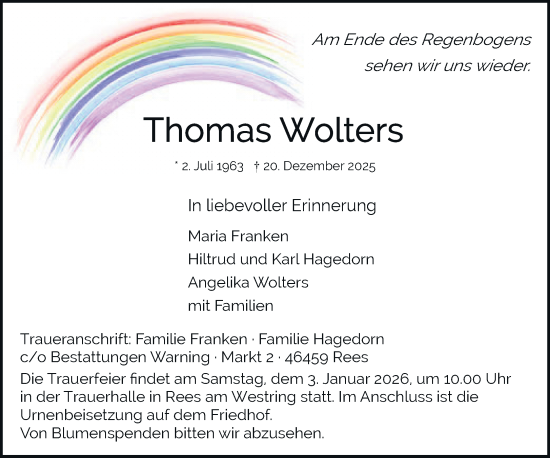 Traueranzeige von Thomas Wolters von Rheinische Post