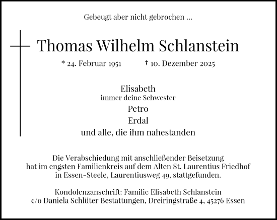 Traueranzeige von Thomas Wilhelm Schlanstein von Rheinische Post