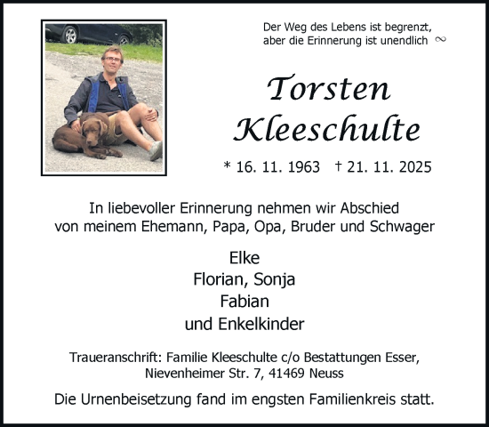 Traueranzeige von Torsten Kleeschulte von Rheinische Post