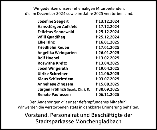 Traueranzeige von Totentafel vom 20.12.2025 von Rheinische Post