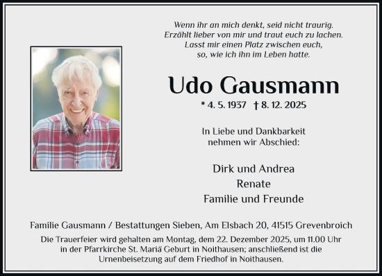Traueranzeige von Udo Gausmann von Rheinische Post