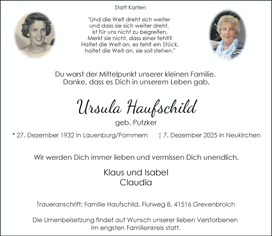 Traueranzeige von Ursula Haufschild von Rheinische Post