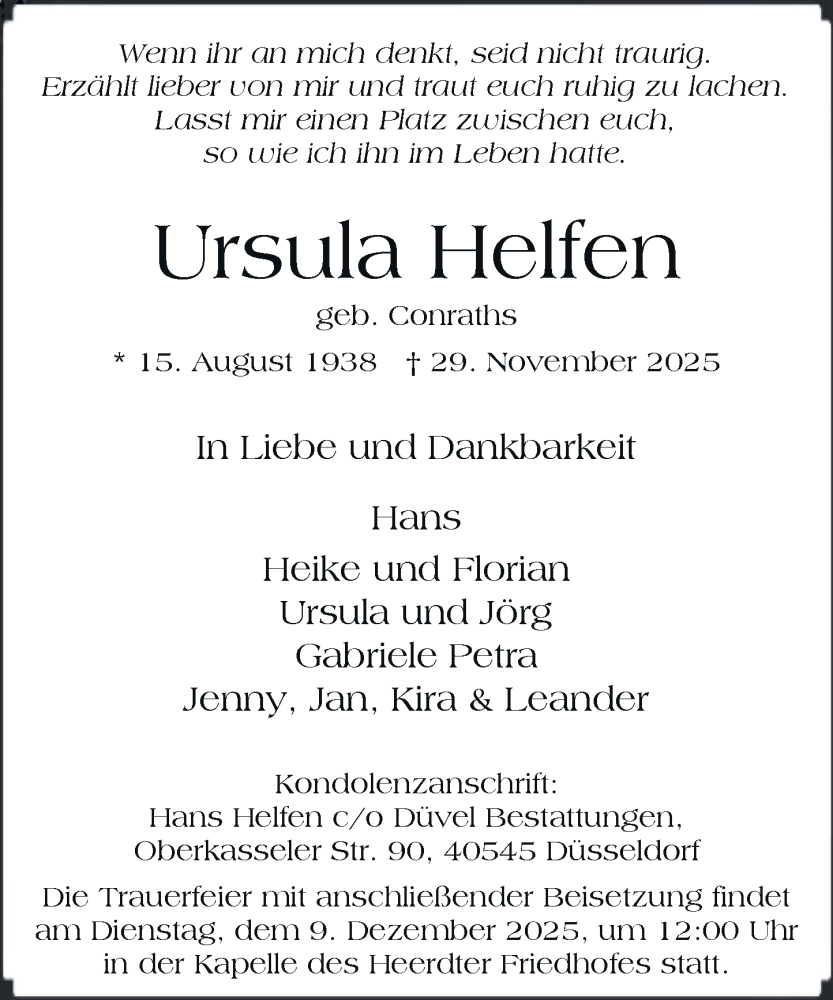  Traueranzeige für Ursula Helfen vom 06.12.2025 aus Rheinische Post