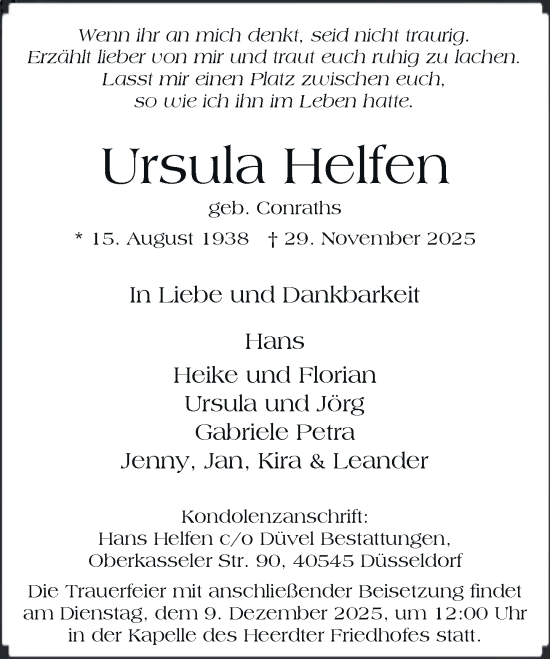 Traueranzeige von Ursula Helfen von Rheinische Post