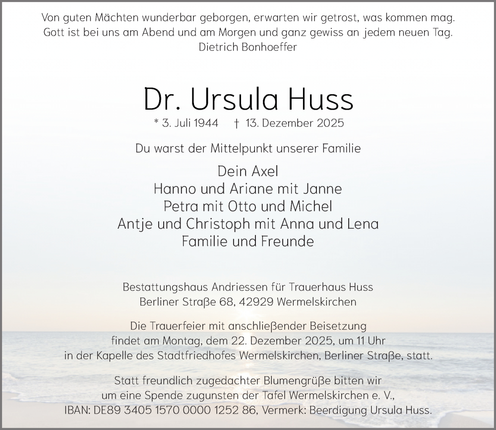  Traueranzeige für Ursula Huss vom 20.12.2025 aus Rheinische Post