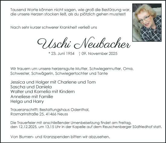 Traueranzeige von Uschi Neubacher von Rheinische Post