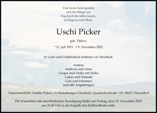 Traueranzeige von Uschi Picker von Rheinische Post