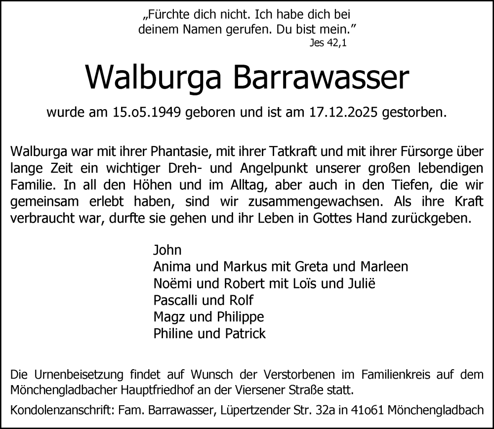  Traueranzeige für Walburga Barrawasser vom 27.12.2025 aus Rheinische Post