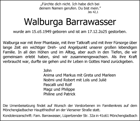 Traueranzeige von Walburga Barrawasser von Rheinische Post