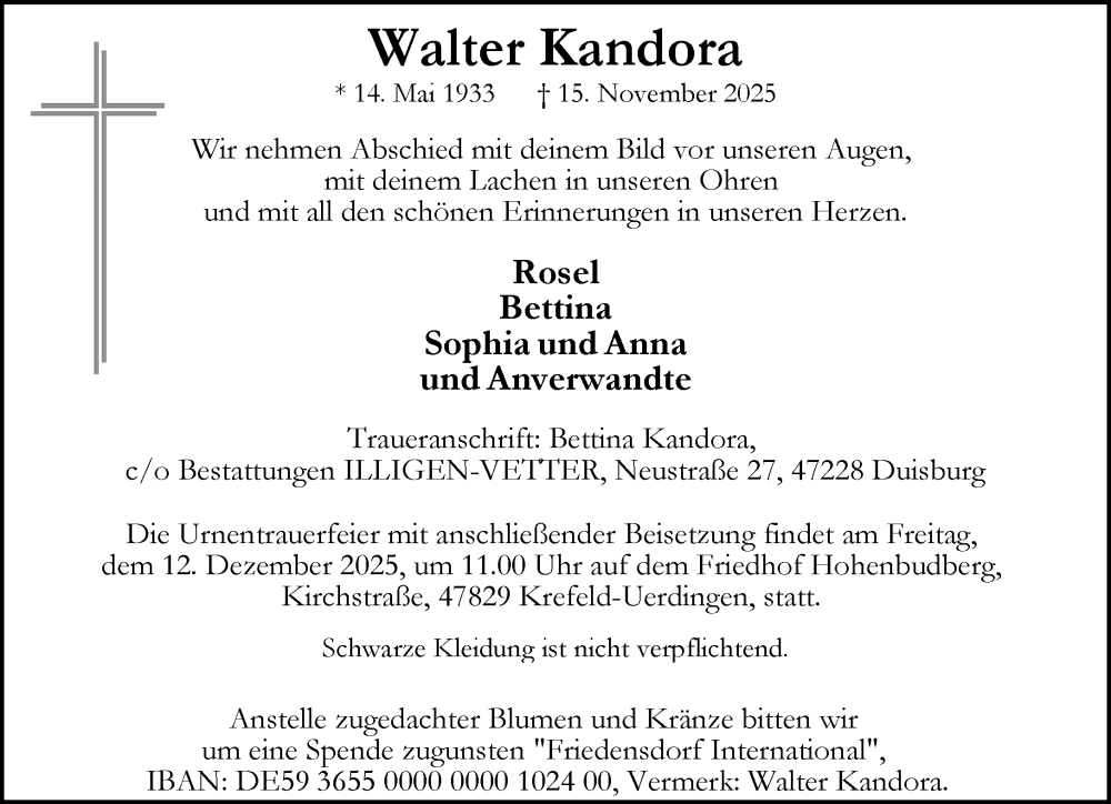  Traueranzeige für Walter Kandora vom 06.12.2025 aus Rheinische Post