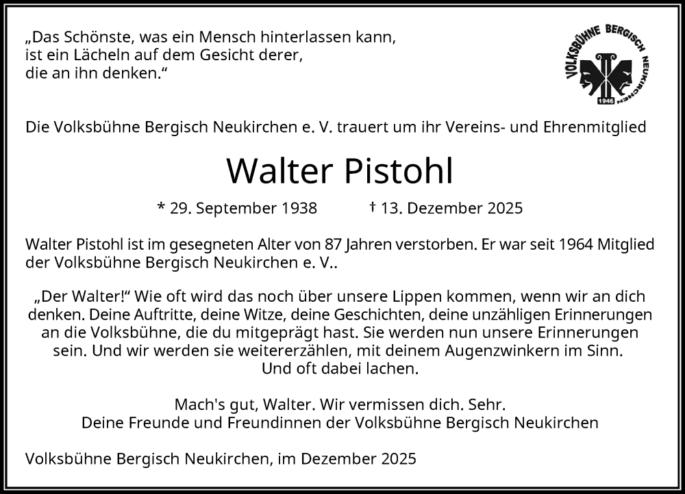  Traueranzeige für Walter Pistohl vom 03.01.2026 aus Rheinische Post