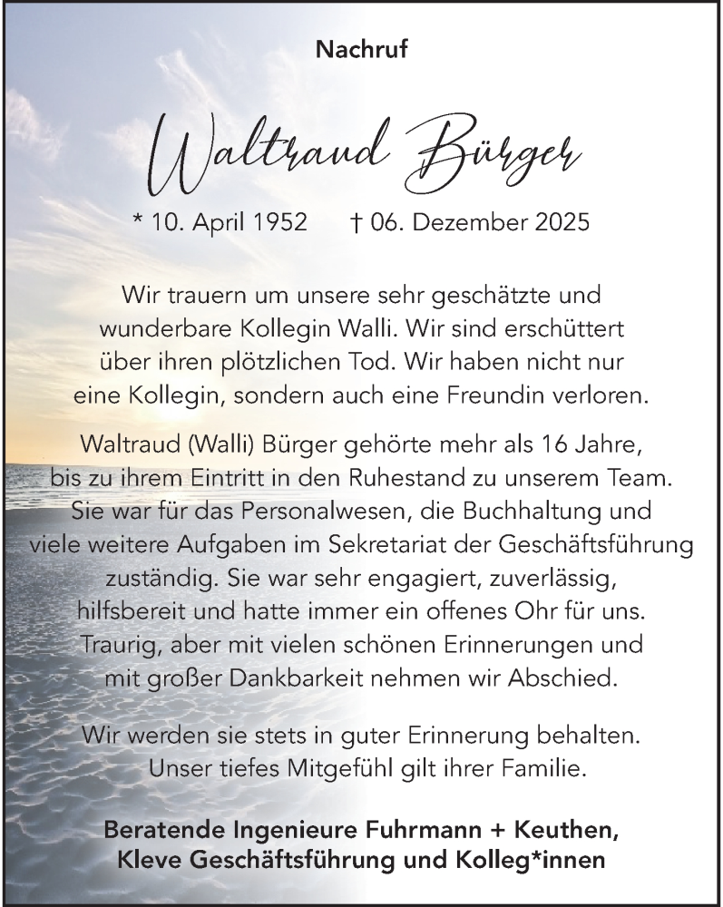  Traueranzeige für Waltraud Bürger vom 20.12.2025 aus Rheinische Post