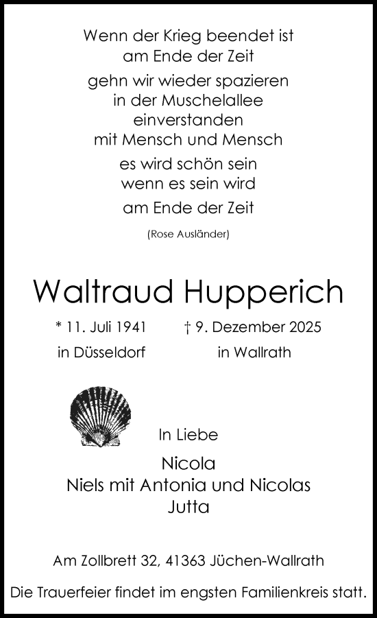Traueranzeige von Waltraud Hupperich von Rheinische Post