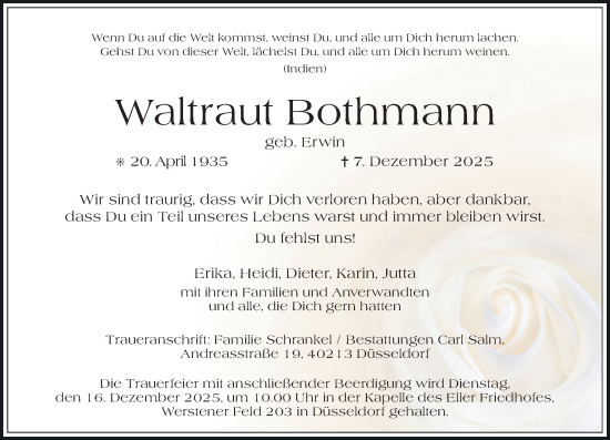 Traueranzeige von Waltraut Bothmann von Rheinische Post