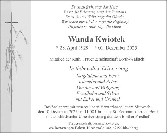 Traueranzeige von Wanda Kwiotek von Rheinische Post