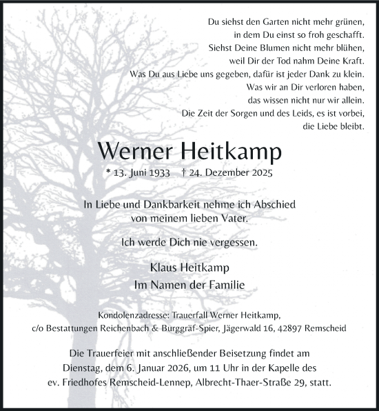 Traueranzeige von Werner Heitkamp von Rheinische Post