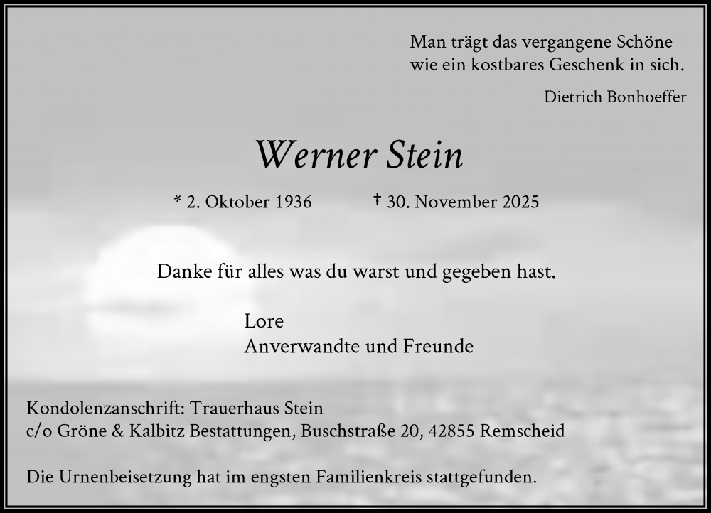  Traueranzeige für Werner Stein vom 20.12.2025 aus Rheinische Post