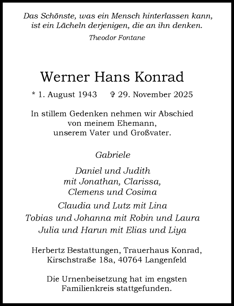  Traueranzeige für Werner Hans Konrad vom 13.12.2025 aus Rheinische Post