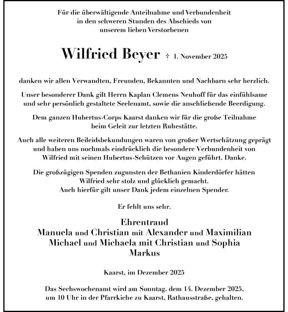  Traueranzeige für Wilfried Beyer vom 06.12.2025 aus Rheinische Post