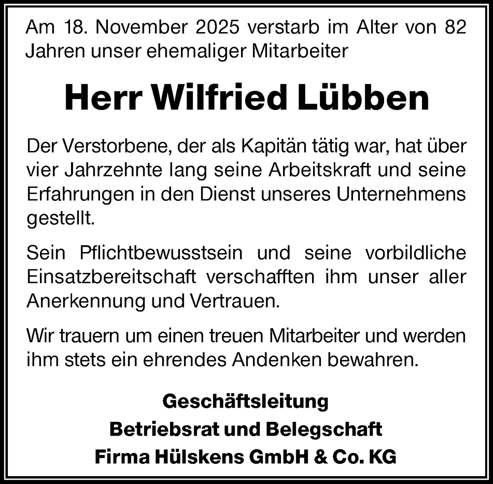  Traueranzeige für Wilfried Lübben vom 03.12.2025 aus Rheinische Post