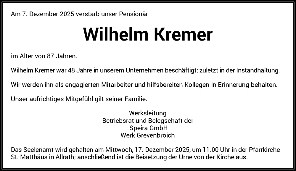  Traueranzeige für Wilhelm Kremer vom 13.12.2025 aus Rheinische Post