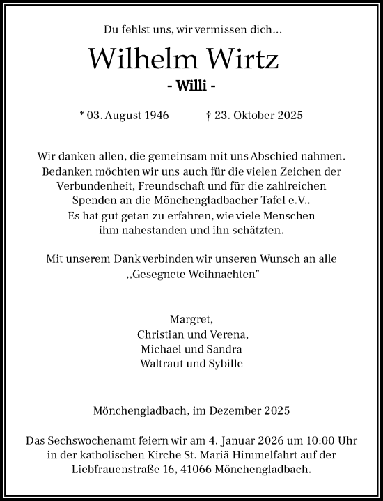Traueranzeige von Wilhelm Wirtz von Rheinische Post