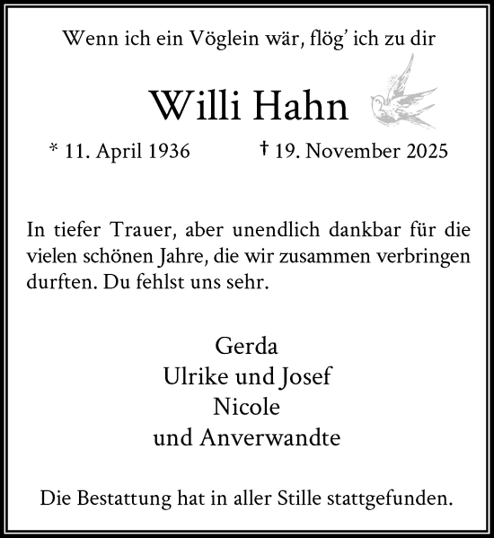 Traueranzeige von Willi Hahn von Rheinische Post