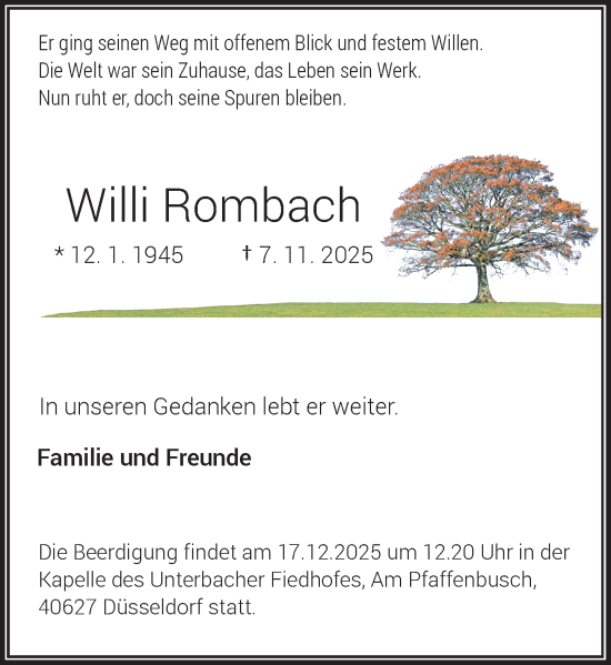 Traueranzeige von Willi Rombach von Rheinische Post