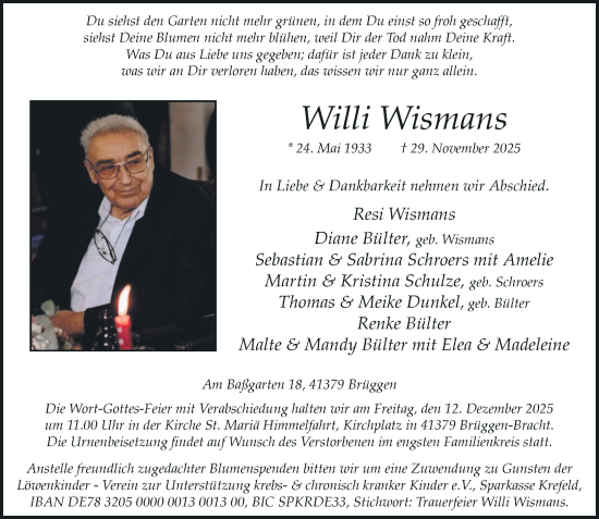 Traueranzeige von Willi Wismans von Rheinische Post