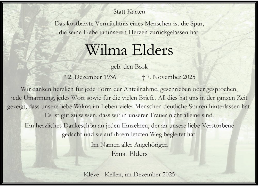  Traueranzeige für Wilma Elders vom 13.12.2025 aus Rheinische Post