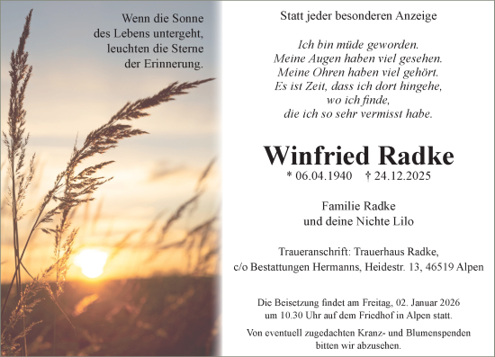 Traueranzeige von Winfried Radke von Rheinische Post