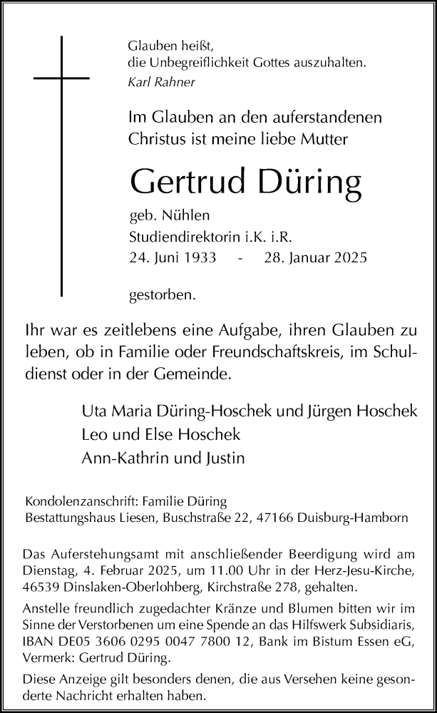  Traueranzeige für Gertrud Düring vom 01.02.2025 aus Rheinische Post