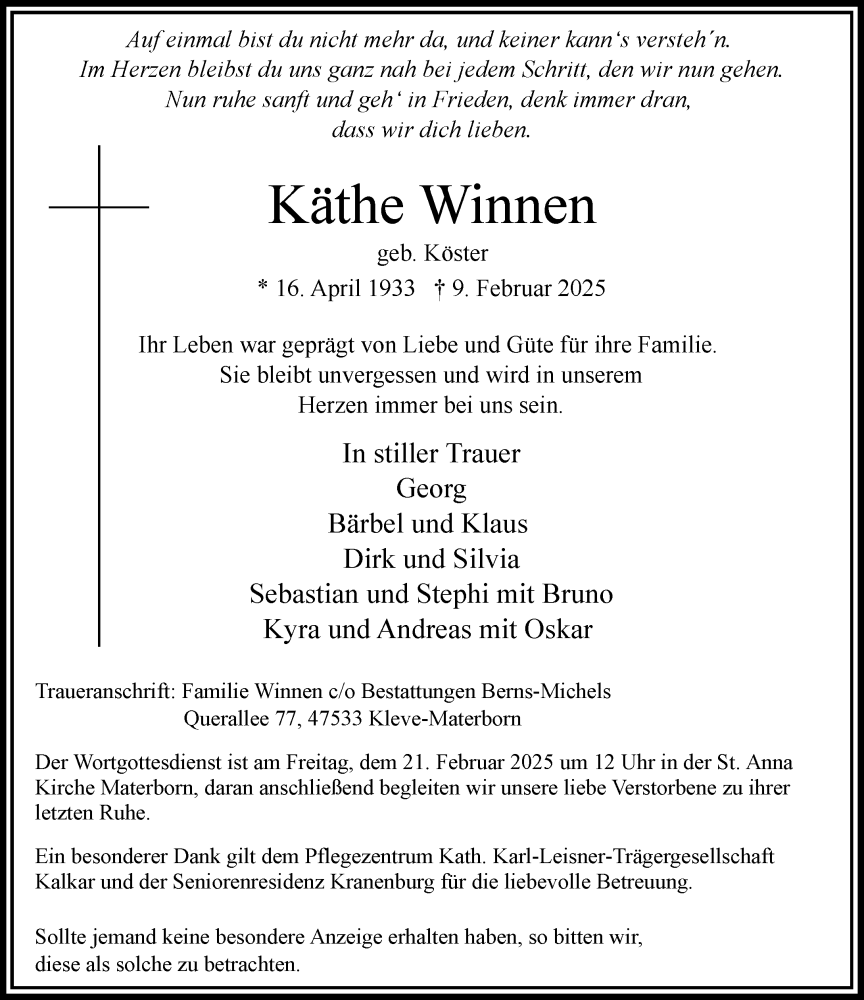  Traueranzeige für Käthe Winnen vom 15.02.2025 aus Rheinische Post