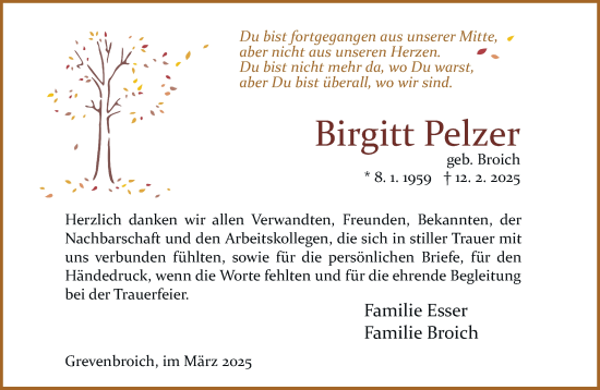 Traueranzeige von Birgitt Pelzer von Rheinische Post