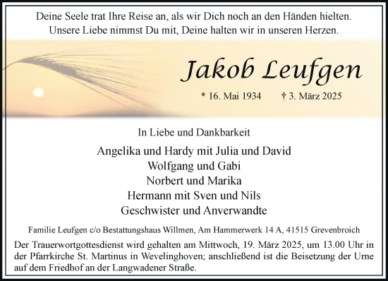 Traueranzeige von Jakob Leufgen von Rheinische Post