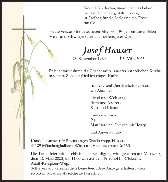 Traueranzeige von Josef Hauser von Rheinische Post