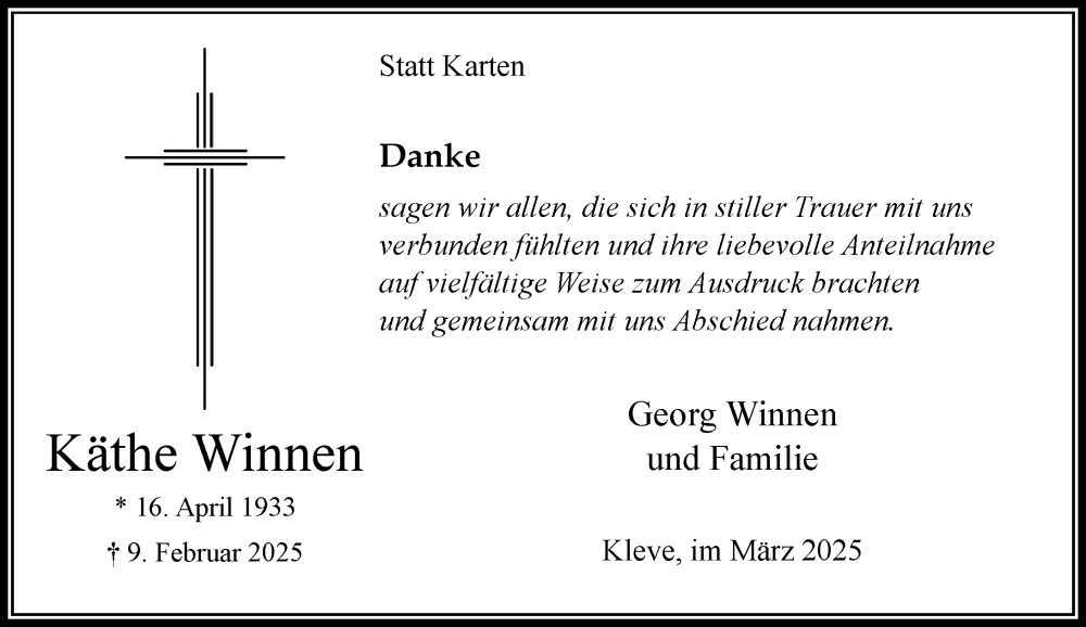  Traueranzeige für Käthe Winnen vom 29.03.2025 aus Rheinische Post