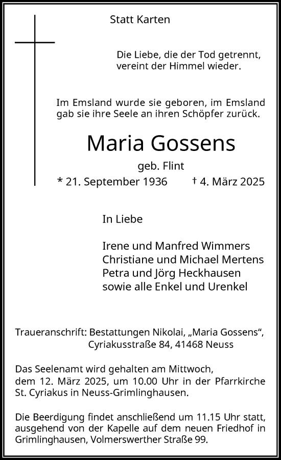 Traueranzeige von Maria Gossens von Rheinische Post