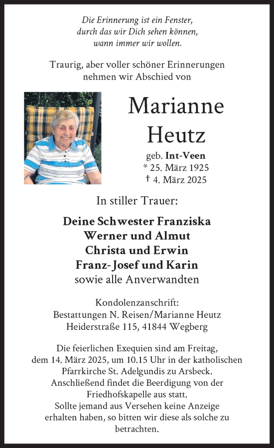 Traueranzeige von Marianne Heutz von Rheinische Post