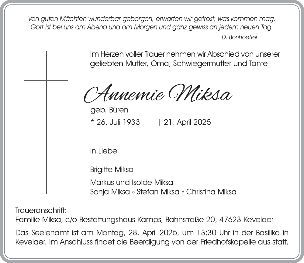  Traueranzeige für Annemie Miksa vom 26.04.2025 aus Rheinische Post