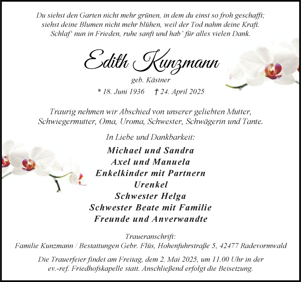  Traueranzeige für Edith Kunzmann vom 30.04.2025 aus Rheinische Post