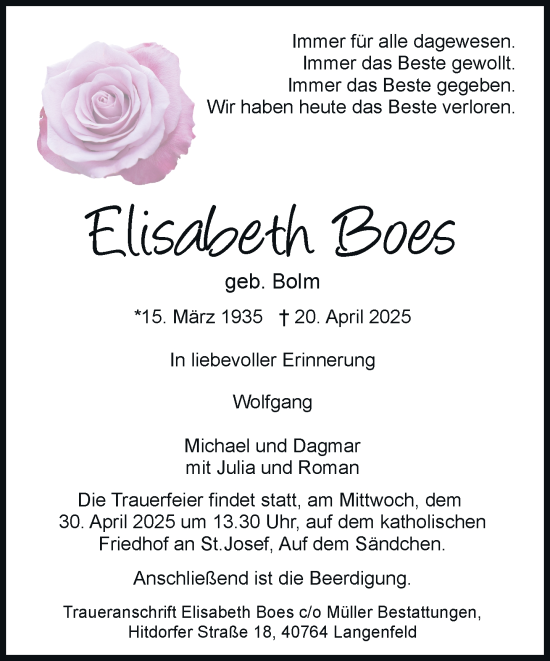 Traueranzeige von Elisabeth Boes von Rheinische Post
