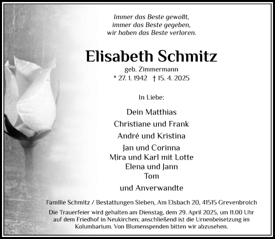 Traueranzeige von Elisabeth Schmitz von Rheinische Post